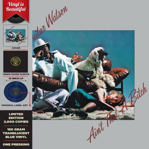 Album cover for "ain't that a bitch" by Johnny Watson featuring him reclining in a chair with a small dog and vinyl records at his feet, against a blue background.