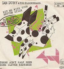 Album cover for IAN DURY & THE BLOCKHEADS - HIT ME WITH YOUR RHYTHM STICK (VINYL LP) featuring abstract geometric shapes and text announcing songs like "Hit Me With Your Rhythm Stick.