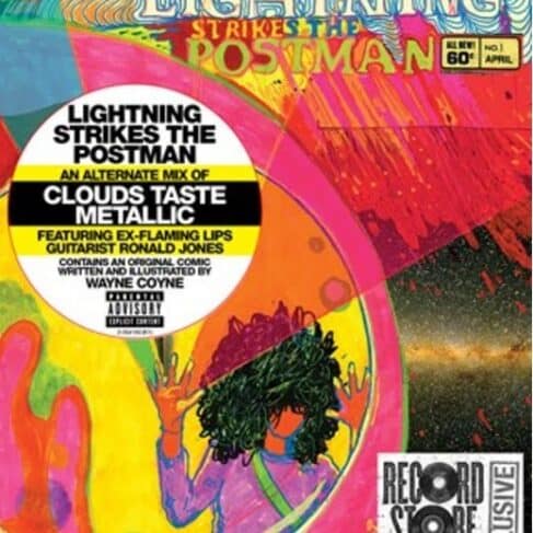 Colorful vinyl album cover for THE FLAMING LIPS - LIGHTNING STRIKES THE POSTMAN (7" VINYL) (RSD 2016), featuring psychedelic swirls and comic book elements with text overlay about the content, marked as a record store issue.