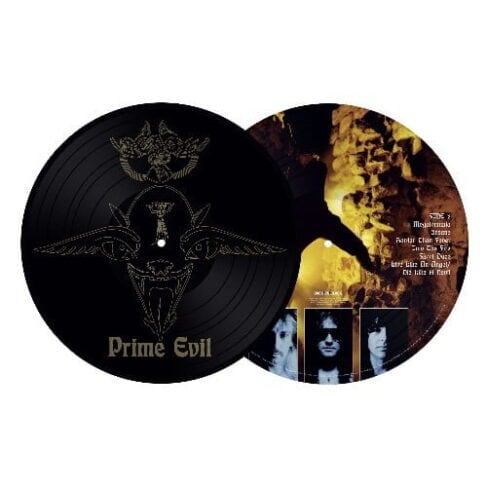 Two VENOM - PRIME EVIL (VINYL LP) records with artistic designs: one record is black with a dark, intricate emblem, and the other has a fiery visual theme with song titles and portraits of band members around the rim.