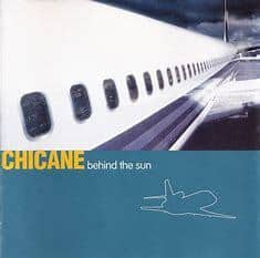 Album cover of CHICANE - BEHIND THE SUN (PREOWNED CD) featuring a side view of an airplane fuselage under a cloudy sky, with the title and a sketch of a plane at the bottom on vinyl.