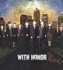 Album cover for "WITH HONOR - THIS IS OUR REVENGE" featuring a row of people in suits with obscured faces against a backdrop of a city skyline, all superimposed on rare and collectable vinyl records.