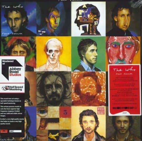 Album cover featuring various artistic portraits of the who band members in diverse styles and colors, including sketch-like and abstract images on rare vinyl records.