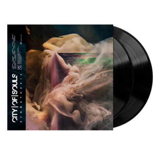 A CITY OF SOULS - SYNAESTHESIA (VINYL LP) beside its album cover featuring an abstract design of swirling smoke and ethereal colors partially overlaying a faint human figure. Text on the cover reads "City of Souls, Synaesthesia".