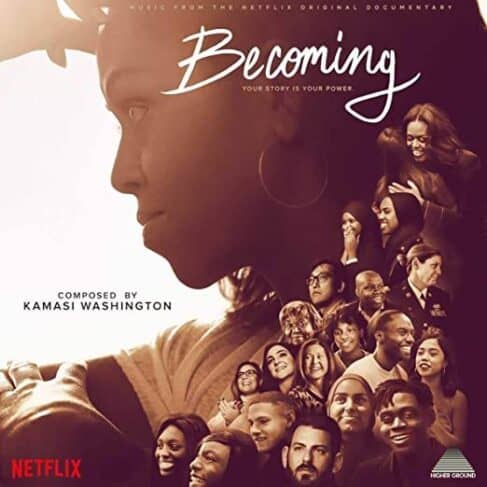 Album cover for the KAMASI WASHINGTON - BECOMING (SOUNDTRACK) (VINYL LP), featuring a silhouette of a woman's profile with multiple diverse faces in the background, all looking inspired.