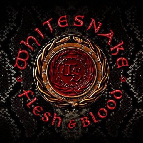 Album cover for Whitesnake's "Flesh & Blood" featuring the band's logo and album title in stylized red and gold text on a vinyl background.