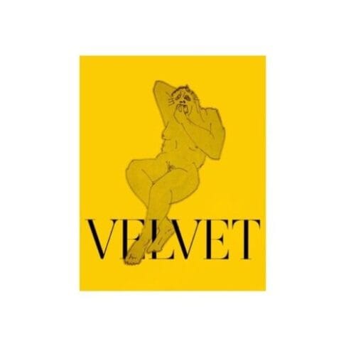 Illustration of a sitting person with one hand touching their head on a bright yellow background with the word "VELVET NEGRONI - NEON BROWN (VINYL LP)" in bold black letters at the bottom.