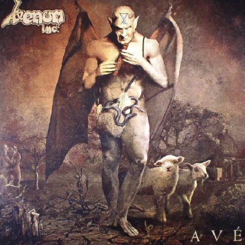 Album cover for VENOM - AVE (VINYL LP) by Venom Inc., displayed on vinyl records, featuring a demonic figure with wings, a serpent, and an X on the forehead standing in a desolate landscape with sheep.