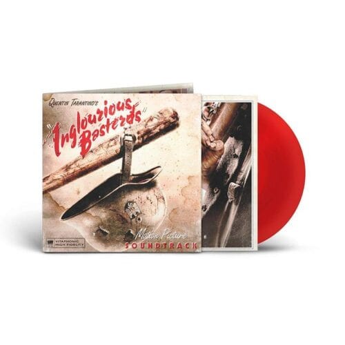 Cover of the "Inglourious Basterds" soundtrack on Vinyl Gold Coast. The cover features a knife in a wooden table with a World War II helmet, and the bright red vinyl record stands out. The text reads "Quentin Tarantino's Inglourious Basterds" in bold letters, perfect for any records collection.