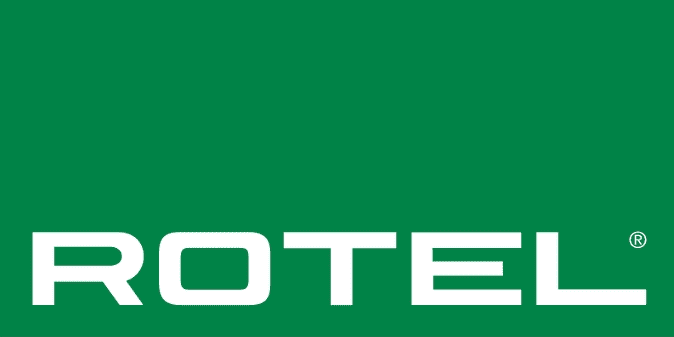 A green rectangular logo features the word "ROTEL" in bold, white, capitalized letters centered at the bottom. The solid green background complements the modern sans-serif font, making it a perfect fit for enthusiasts of vinyl and turntables.