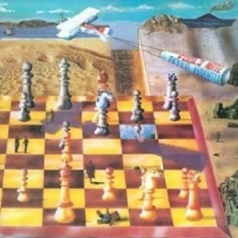 A surreal painting depicts a chessboard in a desert landscape. Towering chess pieces dominate the board, and an airplane flies overhead towing a banner. Silhouettes of people appear on the board and desert, while scattered copies of PETER HAMMILL - FOOLS MATE (PREOWNED VINYL LP) (VG+/VG+) add an eclectic twist to the scene.