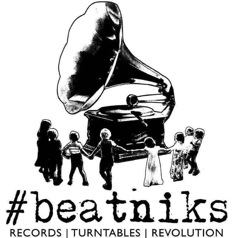 Image features a black and white graphic of an old-fashioned gramophone. A group of children in silhouette appears to be holding hands and dancing around the gramophone. Below the image is the text "#beatniks," and underneath that, "RECORDS | TURNTABLES | REVOLUTION." Your one-stop shop for rare and collectable vinyl records.