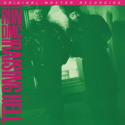 Album cover for the RUN DMC - RAISING HELL (MOFI SUPER VINYL LP) featuring a green-filtered image of the two group members standing and looking downward. The text "RUN DMC" is vertically aligned on the left, with "RAISING HELL" in large pink text below it.